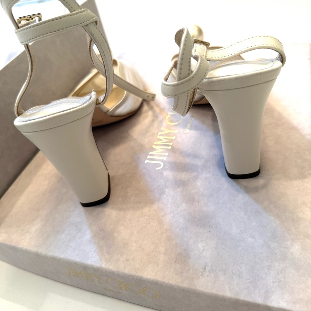 JIMMY CHOO Sacaria 85 Block Heels Sandals Cream White Bridal Pearl 37.5 7.5 - Picture 6 of 14